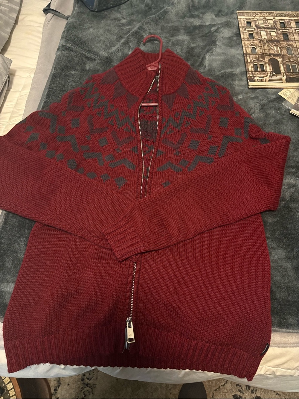 Giorgio Armani Men's Burgundy Zip-Up Sweater with Patterned Yoke